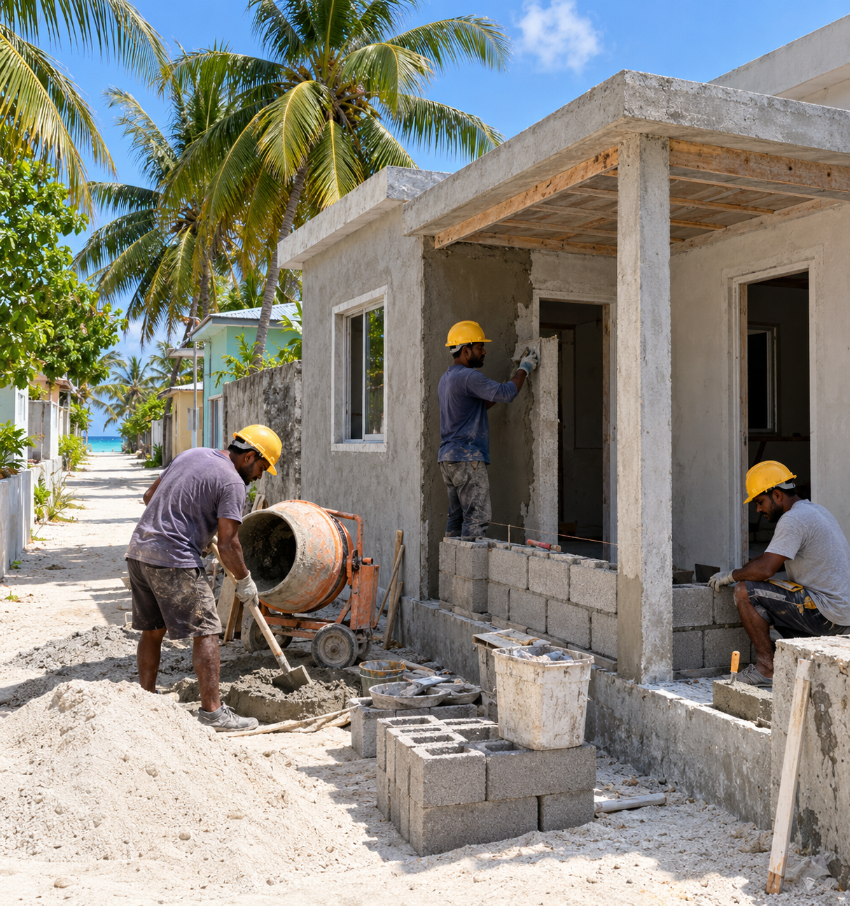 Small construction team working on a modest home in a Maldives island neighborhood